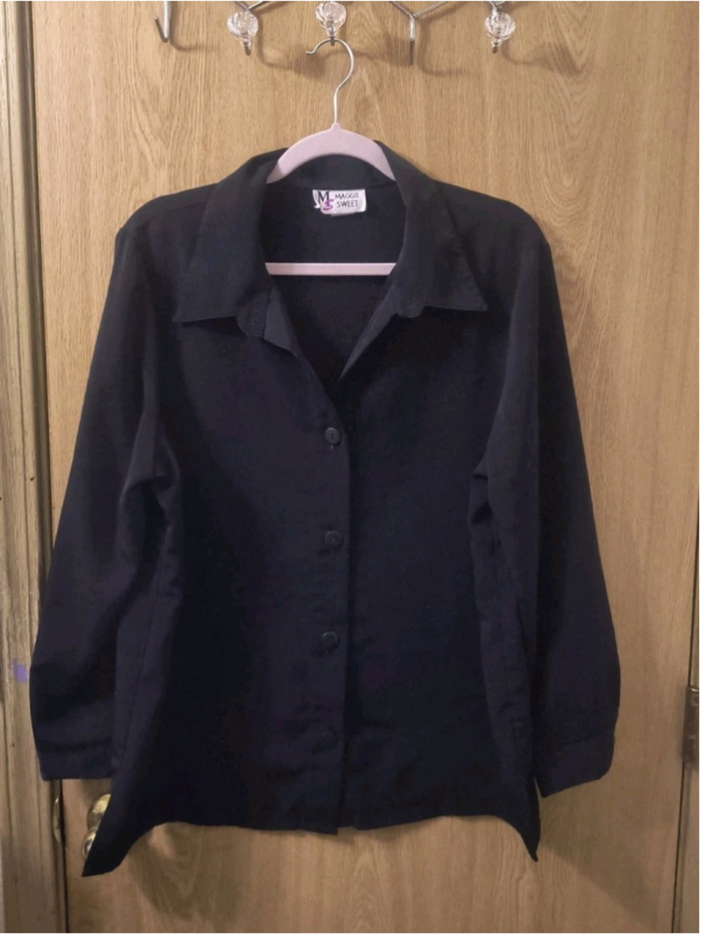 Vintage Maggie Sweet Black Button Down Blouse Shirt Womens Petite Large PL Long